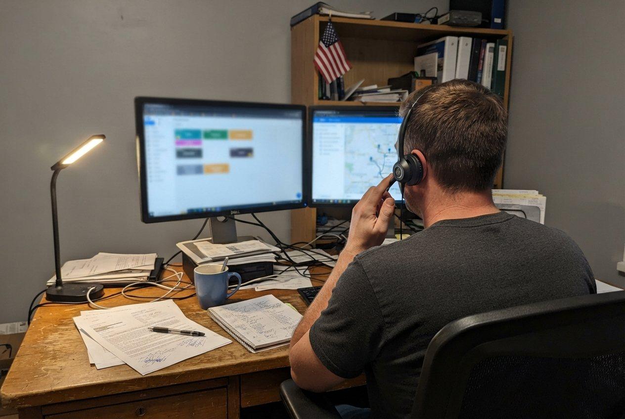 A dispatcher on a call at his desk with load boards on two screens